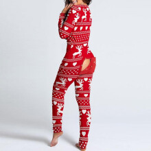 (M, Dark red) Women's One Piece Print Sleepwear Christmas Pajamas Jumpsuit Rompers Long Sleeve Nightwear
