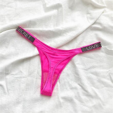 (M, Fluorescent pink) Sexy Women Pantie Crystal Rhinestone Underwear Thongs Low Rise Fitness Gym Underwearpanties