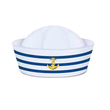 Sweet Girls Sailor Hat with Roll-up Brim Navy Seafaring Hat with White&Blue Stripe Adult Teens Halloween Cosplay Hat  White