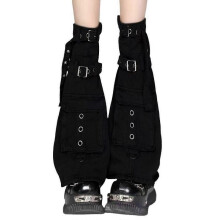 Cargo Denims Leg Sleeves with Buckled Strap for Women Harajuku Punk Leg Warmer Boot Cover Over Knee Flared Stockings  Black