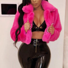 (S, Hot pink) Fashion Women Coat Fluffy Fleece Turn-down Collar Faux Fur Top Short Loose Coat