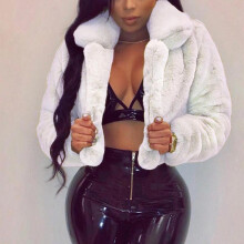 (M, White) Fashion Women Coat Fluffy Fleece Turn-down Collar Faux Fur Top Short Loose Coat