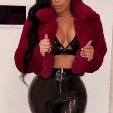 (L, Wine) Fashion Women Coat Fluffy Fleece Turn-down Collar Faux Fur Top Short Loose Coat