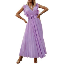 (M, Purple) Women V-neck Dress Long Temperament Beaches Dress Pleated Skirt Sleeveless Calf Skirt Casual Slim Fit Dress for Party  wine red XL
