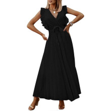(S, Black) Women V-neck Dress Long Temperament Beaches Dress Pleated Skirt Sleeveless Calf Skirt Casual Slim Fit Dress for Party  wine red XL