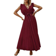 (XL, wine red) Women V-neck Dress Long Temperament Beaches Dress Pleated Skirt Sleeveless Calf Skirt Casual Slim Fit Dress for Party  wine red XL