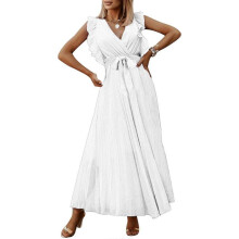(XL, White) Women V-neck Dress Long Temperament Beaches Dress Pleated Skirt Sleeveless Calf Skirt Casual Slim Fit Dress for Party  wine red XL