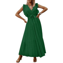 (XL, Green) Women V-neck Dress Long Temperament Beaches Dress Pleated Skirt Sleeveless Calf Skirt Casual Slim Fit Dress for Party  wine red XL