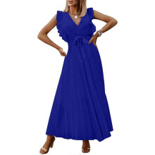 (XL, Blue) Women V-neck Dress Long Temperament Beaches Dress Pleated Skirt Sleeveless Calf Skirt Casual Slim Fit Dress for Party  wine red XL