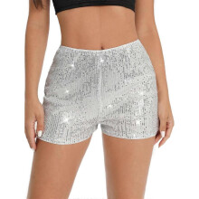 (S, White) High Waist Sequins Shorts for Women Elastic Straight Leg Shorts Solid Sparkly Glitter Party Shorts Fashion Clubwear Gift  Yellow XL