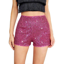 (L, rose Red) High Waist Sequins Shorts for Women Elastic Straight Leg Shorts Solid Sparkly Glitter Party Shorts Fashion Clubwear Gift  Yellow XL