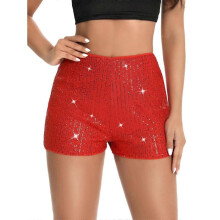 (XL, Red) High Waist Sequins Shorts for Women Elastic Straight Leg Shorts Solid Sparkly Glitter Party Shorts Fashion Clubwear Gift  Yellow XL