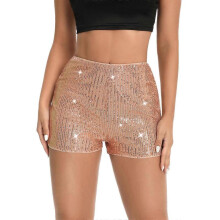 (L, champagne) High Waist Sequins Shorts for Women Elastic Straight Leg Shorts Solid Sparkly Glitter Party Shorts Fashion Clubwear Gift  Yellow XL