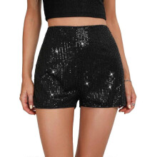 (L, Black) High Waist Sequins Shorts for Women Elastic Straight Leg Shorts Solid Sparkly Glitter Party Shorts Fashion Clubwear Gift  Yellow XL