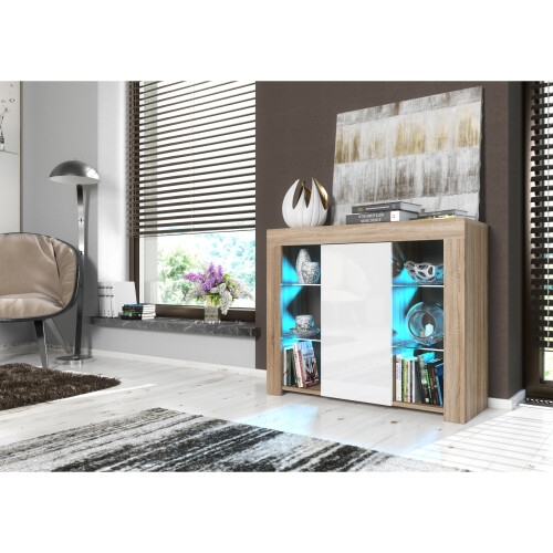 Creative Furniture Harbor 97cm Sideboard LED - Oak & White Gloss Doors 1