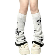 (White) Punk Knitted Flared Leg Warmers Women Aesthetic Star Pattern Foot Cover Streetwear Ruffle Trim Boot Cuffs Long Socks  White