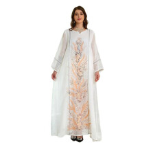 (S, White) Embroidery Ramadans Muslims Maxi Dresses Abayas Casual Long Sleeve Dubai Kaftan Robe Ethnic Costumes for Womens Girls  White XL