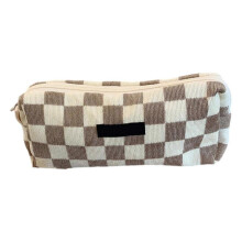 (light brown check) Corduroy Pencil Case Large Compartment Multipurpose Pen Case Pencil Bag Travel Makeup Storage Bag for Student Girl Women