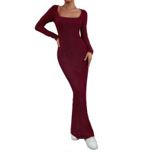 (M, Burgundy) Women's Square Neck Long Sleeve Maxi Dress Knitted Bodycon Dresses Soft Long Dress Casual Slim Fitted Pencil Dress  Burgundy XL
