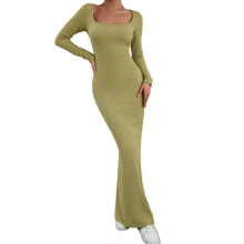(S, Grass green) Women's Square Neck Long Sleeve Maxi Dress Knitted Bodycon Dresses Soft Long Dress Casual Slim Fitted Pencil Dress  Burgundy XL