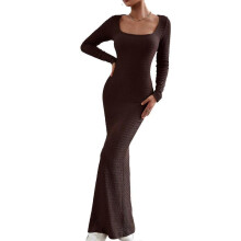 (XL, Black brown) Women's Square Neck Long Sleeve Maxi Dress Knitted Bodycon Dresses Soft Long Dress Casual Slim Fitted Pencil Dress  Burgundy XL