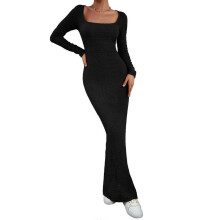 (XL, Black) Women's Square Neck Long Sleeve Maxi Dress Knitted Bodycon Dresses Soft Long Dress Casual Slim Fitted Pencil Dress  Burgundy XL
