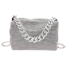 (Silver) Sparkling Rhinestones Evening Clutch Bag with Chain for Women Shoulder Bags Casual Handbag for Prom and Banquets  Silver