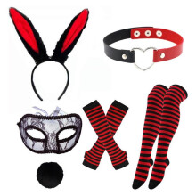 Rabbit Ears Headband Collar Eyemask Stocking Bunnies Tail Easter Bunnies Costume Accessories Halloween Cosplay Costume  Black and red