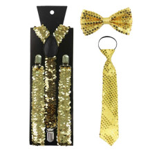 (Yellow) Fashion Adults Unisex Glitter Fish Scales Sequins Outfits Suspenders Bowtie and Necktie Party Props Cosplay Costume  Yellow