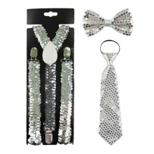 (Silver) Fashion Adults Unisex Glitter Fish Scales Sequins Outfits Suspenders Bowtie and Necktie Party Props Cosplay Costume  Yellow