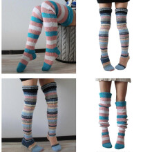 (Pink) Womens Winter Slouch Leg Warmers Knitted Thigh High Socks Vintage Colorful Striped Over Knee Long Stockings Hosiery  Yellow