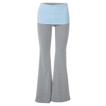 (L, Blue) Womens Fold Over Waistband Flared Pants Sweatpants Colorblock Elastic Waist Leggings Wide Leg Yoga Pants Fitted Trousers  Pink S