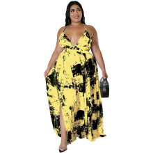 (XXL, Yellow) Women Summer Plus Size Halter V-Neck Backless Cutout Elastic High Waist Maxi Dress Tie-Dye Print Evening Party Sundress  Yellow XL
