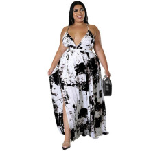 (XXL, White) Women Summer Plus Size Halter V-Neck Backless Cutout Elastic High Waist Maxi Dress Tie-Dye Print Evening Party Sundress  Yellow XL