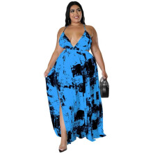 (XXL, Blue) Women Summer Plus Size Halter V-Neck Backless Cutout Elastic High Waist Maxi Dress Tie-Dye Print Evening Party Sundress  Yellow XL