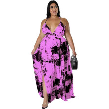 (XXXL, Purple) Women Summer Plus Size Halter V-Neck Backless Cutout Elastic High Waist Maxi Dress Tie-Dye Print Evening Party Sundress  Yellow XL