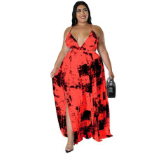 (XXXXL, Red) Women Summer Plus Size Halter V-Neck Backless Cutout Elastic High Waist Maxi Dress Tie-Dye Print Evening Party Sundress  Yellow XL