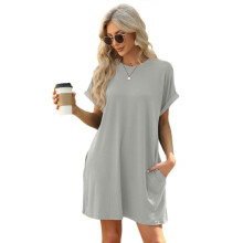 (S, Gray) Casual Short Sleeve T-Shirt Dress With Side Pockets Round Neck Loose Fit Solid Color Dresses For Women Daily Wear  Burgundy XL