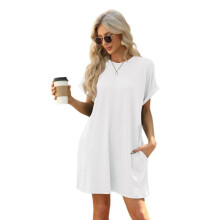 (M, White) Casual Short Sleeve T-Shirt Dress With Side Pockets Round Neck Loose Fit Solid Color Dresses For Women Daily Wear  Burgundy XL
