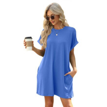 (M, Cailan) Casual Short Sleeve T-Shirt Dress With Side Pockets Round Neck Loose Fit Solid Color Dresses For Women Daily Wear  Burgundy XL