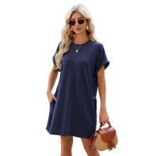 (L, Navy Blue) Casual Short Sleeve T-Shirt Dress With Side Pockets Round Neck Loose Fit Solid Color Dresses For Women Daily Wear  Burgundy XL