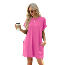(L, Rose red) Casual Short Sleeve T-Shirt Dress With Side Pockets Round Neck Loose Fit Solid Color Dresses For Women Daily Wear  Burgundy XL