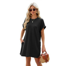 (L, Black) Casual Short Sleeve T-Shirt Dress With Side Pockets Round Neck Loose Fit Solid Color Dresses For Women Daily Wear  Burgundy XL