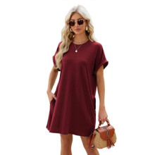 (XXL, Burgundy) Casual Short Sleeve T-Shirt Dress With Side Pockets Round Neck Loose Fit Solid Color Dresses For Women Daily Wear  Burgundy XL