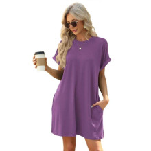 (XXL, Purple) Casual Short Sleeve T-Shirt Dress With Side Pockets Round Neck Loose Fit Solid Color Dresses For Women Daily Wear  Burgundy XL