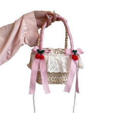 (Pink) Beach Woven Straw Pearl Beaded Chain Crossbody Bag with Cute Bowknot Top Handle Ruffle Lace Bucket Handbag for Vacation  Pink
