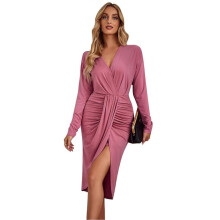 (L, Pink) Women V-Neck Long Sleeve Ruched Wrap Asymmetrical Split Hem Midi Dress Sexy Empire High Waist Bodycon Cocktail Dress  Pink XL