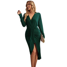 (XL, Green) Women V-Neck Long Sleeve Ruched Wrap Asymmetrical Split Hem Midi Dress Sexy Empire High Waist Bodycon Cocktail Dress  Pink XL