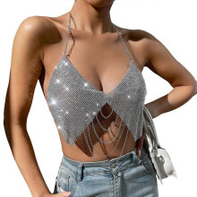 (L, Silver) Womens Rhinestones Crystal Halter Bikinis Bras Sexy Backless V-Neck Body Jewelry Chest Chain Bandeau Vest Party Clubwear  Silver S