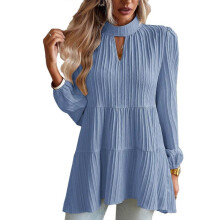 (L, Blue) Women's Cute Babydoll Peplum Tops Casual Loose Mock Neck Puff Long Sleeve Shirts Solid Color Fall Tunics Top Blouses  Navy Blue XL